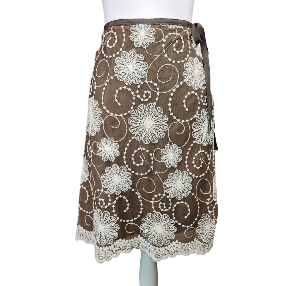 MSSP Max Studio A-Line Skirt Women M Brown Embroidered Whimsigoth Work Twee NEW